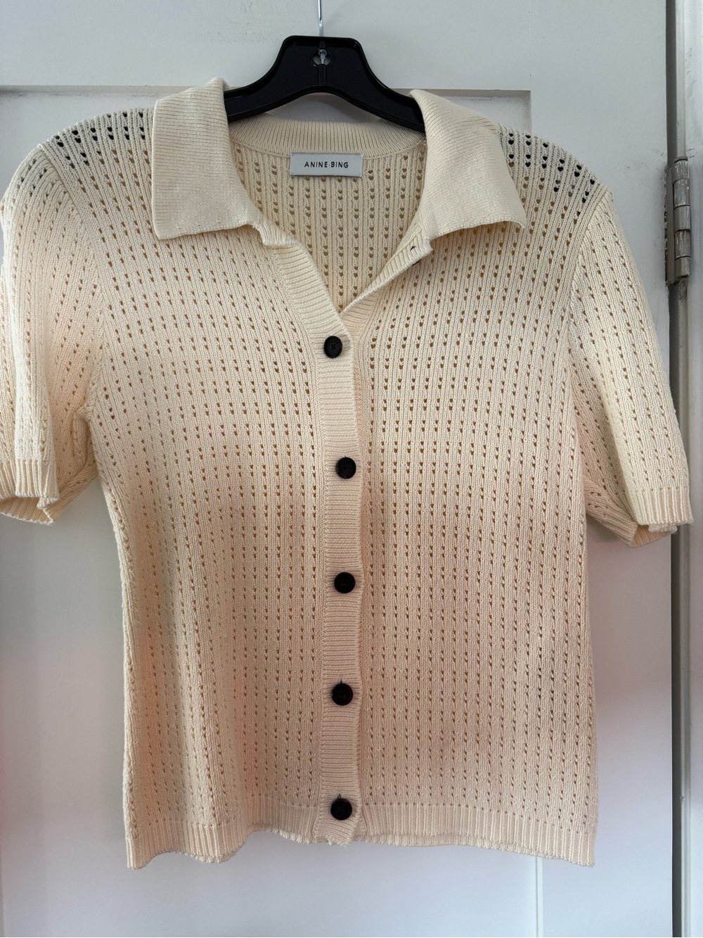 Anine Bing Cream Short-Sleeve Button-Front Knit Top
